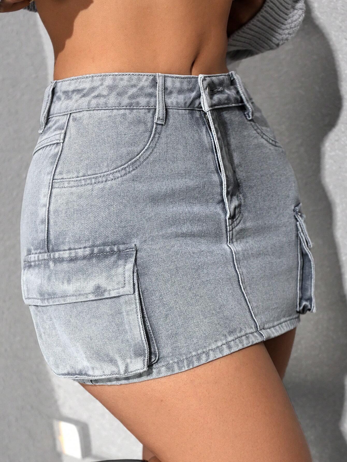 ICON Washed Fitted Mini Denim Cargo Skirt