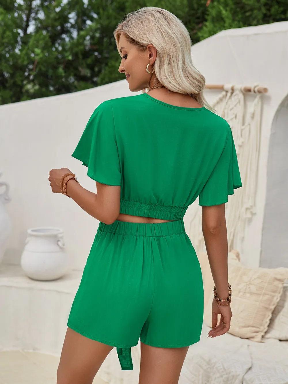 Casual short sleeved shorts set for women new lace up solid color set