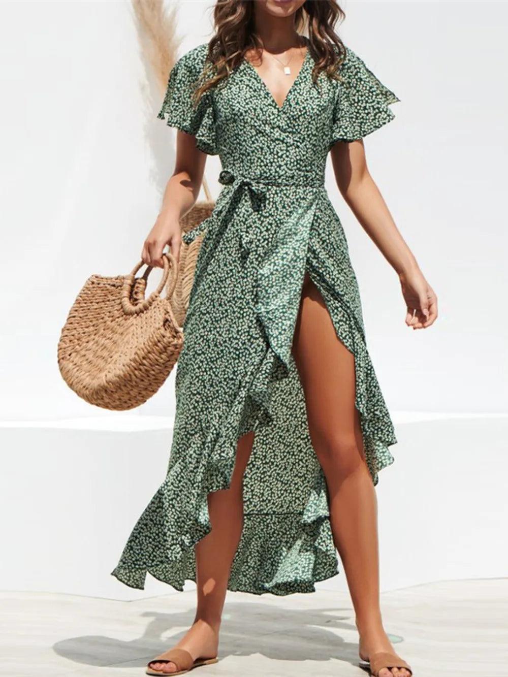 Tied Ruffled Printed Short Sleeve Midi Wrap Dress