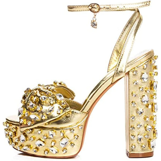 صنادل نسائية لامعة بكعب عالٍ وعريض من Color Gems باللون الوردي مع عقدة فيونكة