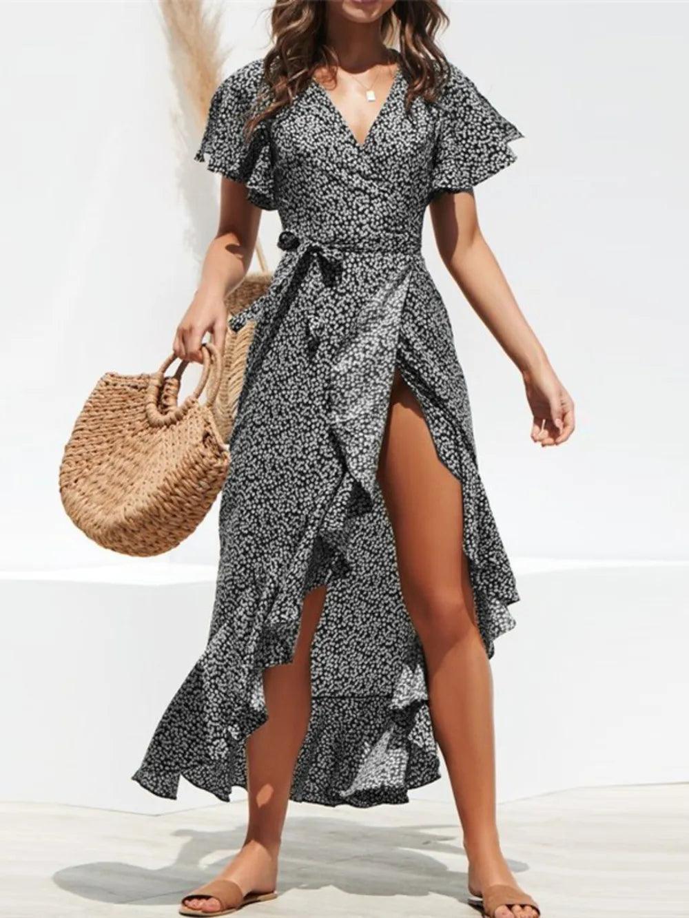 Tied Ruffled Printed Short Sleeve Midi Wrap Dress