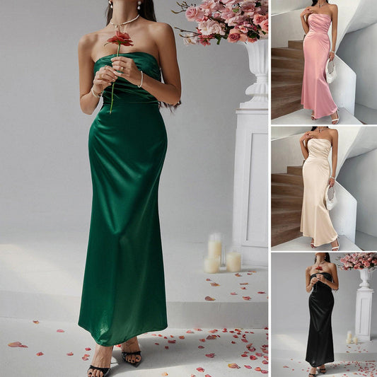 Slimming solid color strapless evening dress dress long skirt