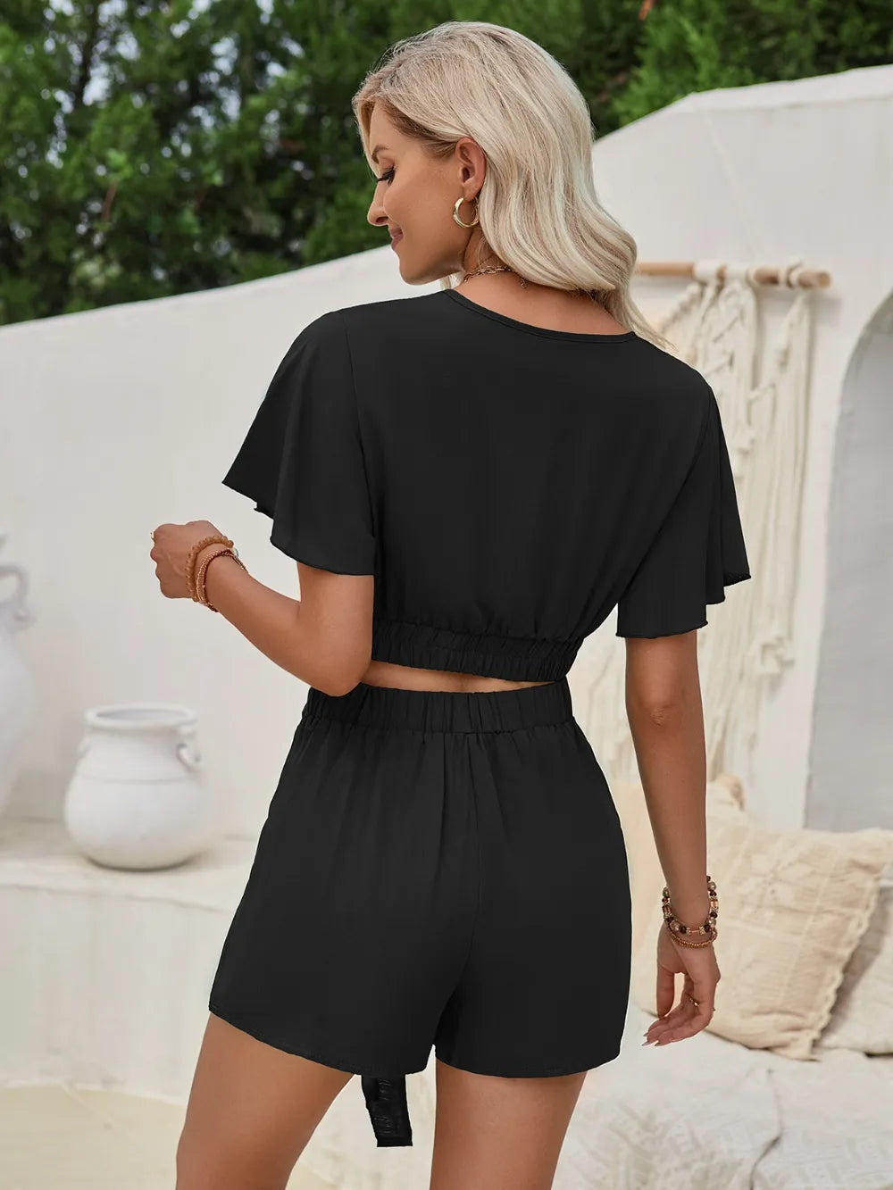 Casual short sleeved shorts set for women new lace up solid color set