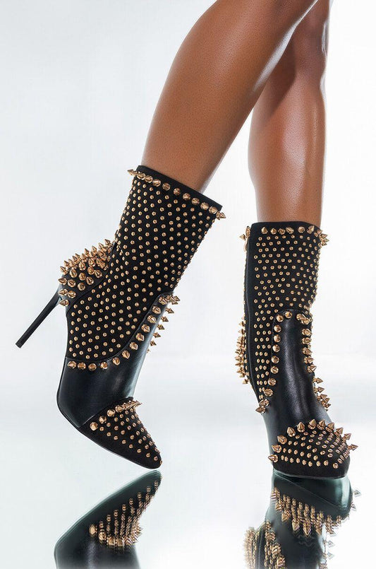 حذاء نسائي أسود فاخر مرصع بالمسامير بكعب عالٍ من الجلد، حذاء نسائي مثير للحفلات والمسرح، شحن مجاني