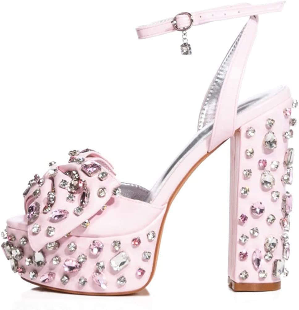 Colored Gems Pink Platform Sandals With Bowknot Women Sparkly High Block Heels Shoes