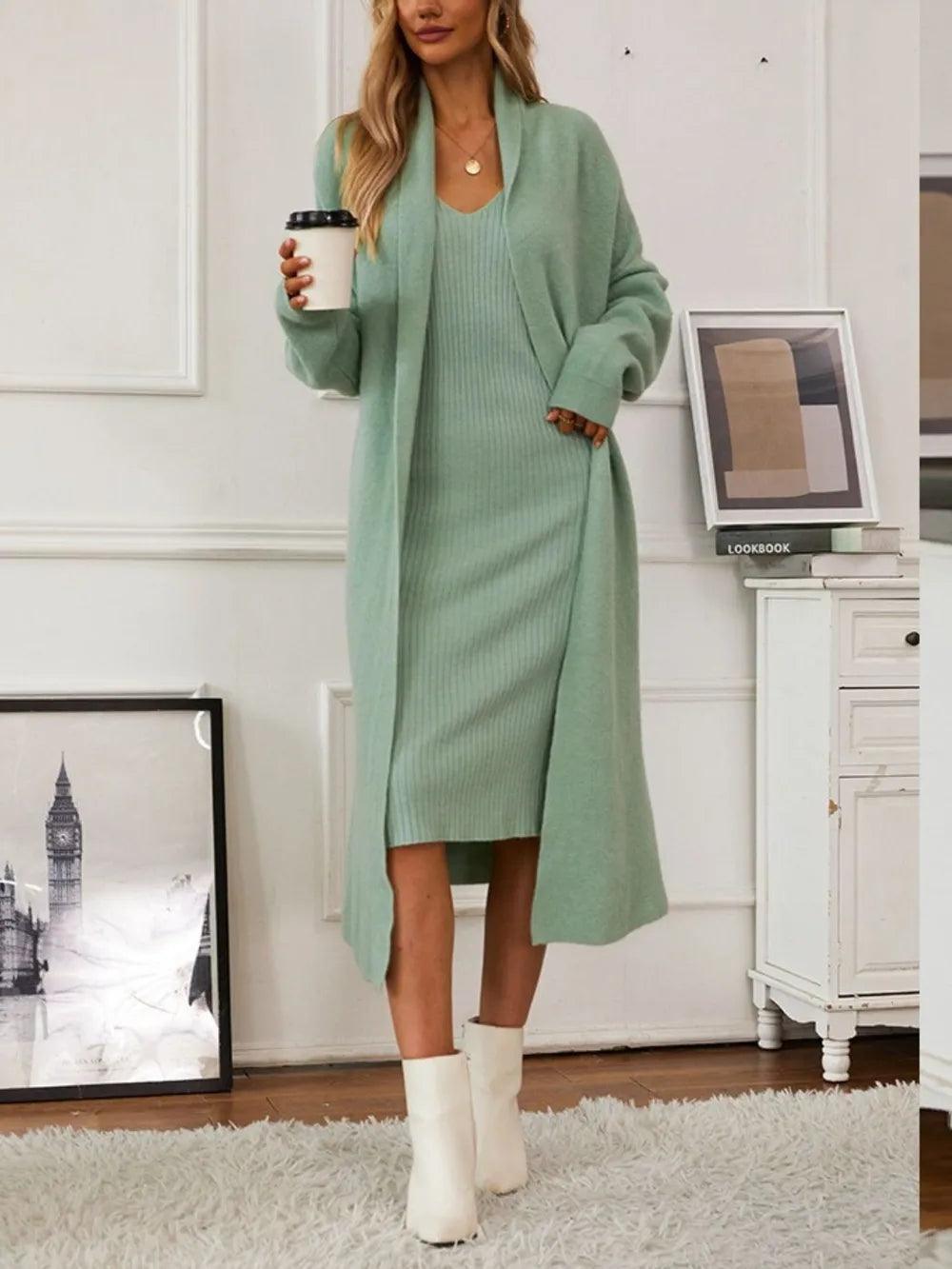 Knitted suit women's elegant vest dress+long cardigan jacket