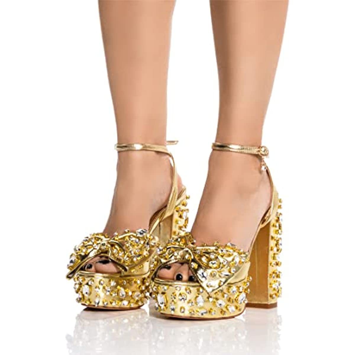 Colored Gems Pink Platform Sandals With Bowknot Women Sparkly High Block Heels Shoes