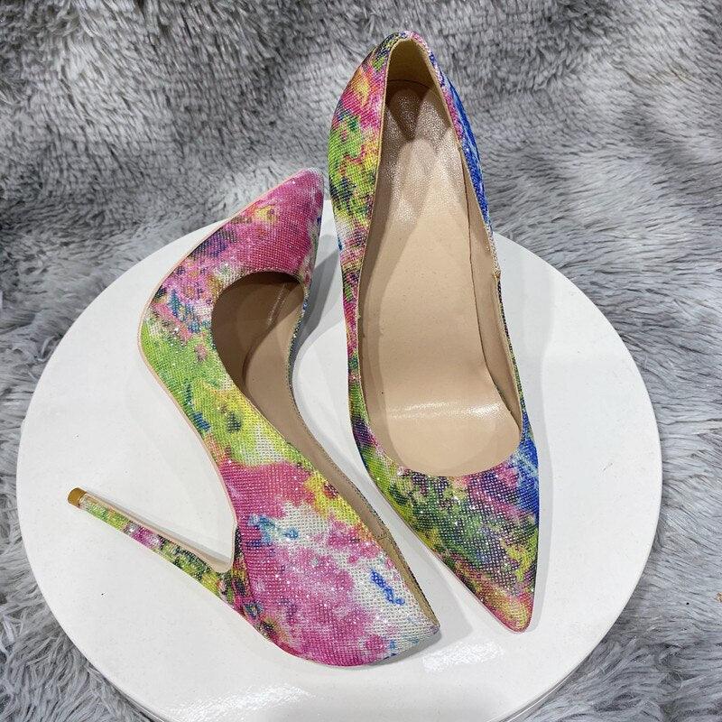 Tikicup Floral Bling Sequined Women Pointy Toe High Heel Party Dress Shoes Fashion Designer Slip On Stiletto Pumps 8cm 10cm 12cm