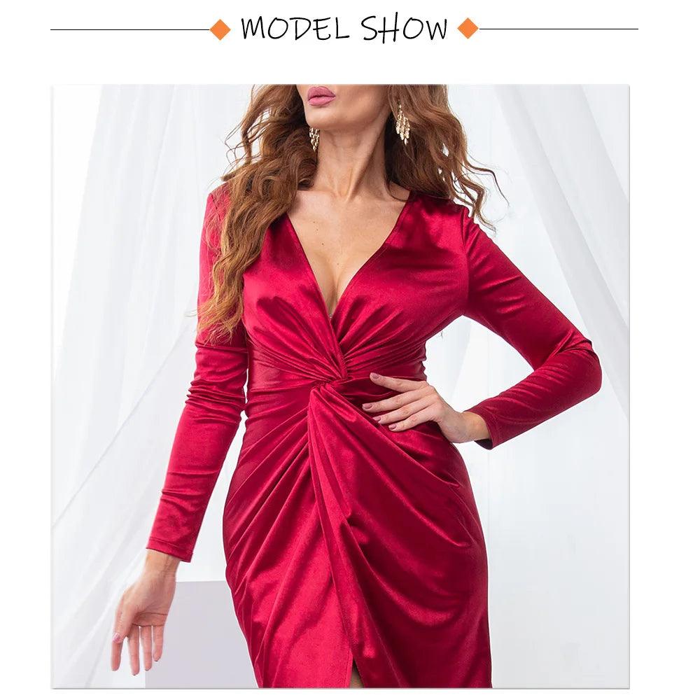 Romagic Knot Ruched V Neck Long Sleeve Cocktail Prom Dresses