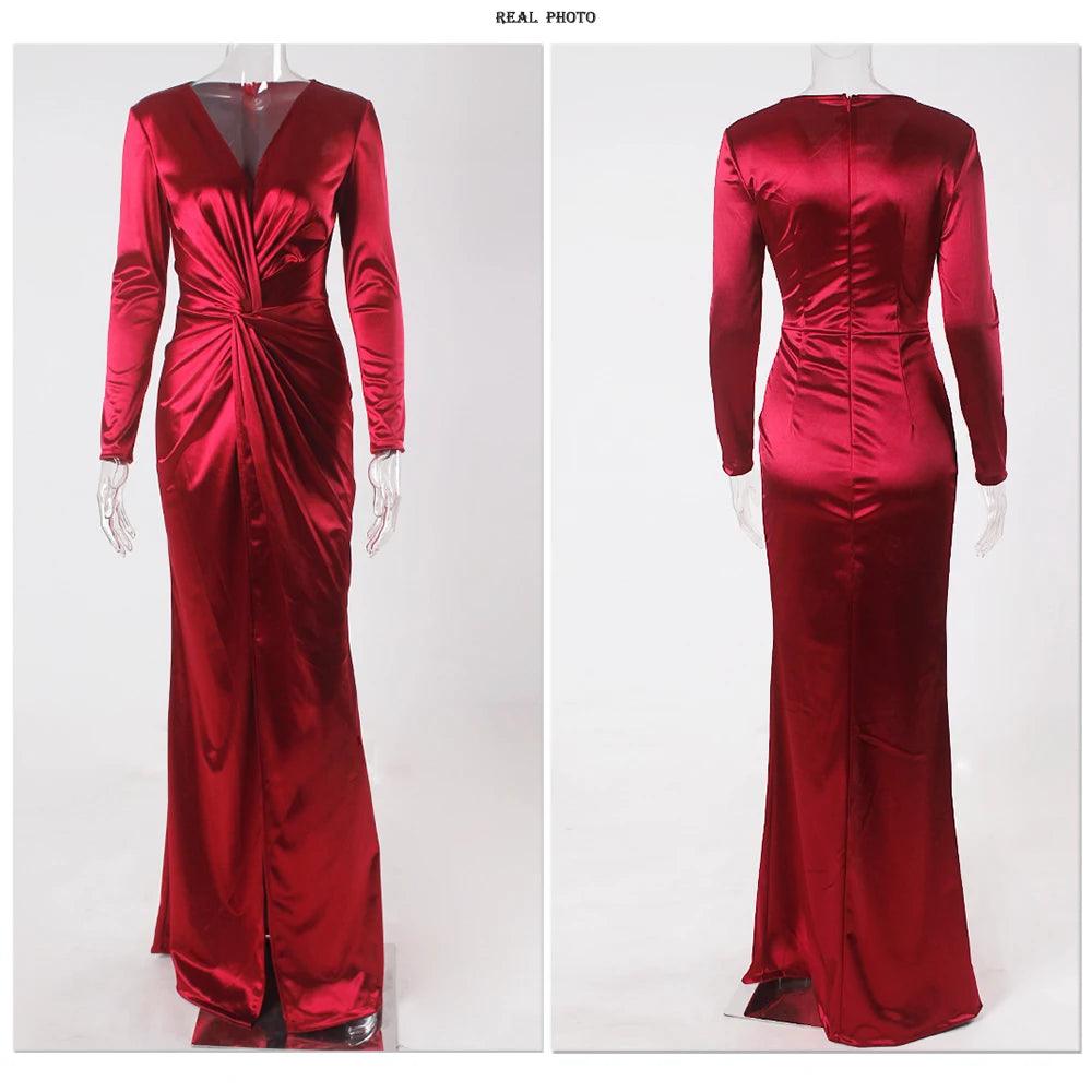 Romagic Knot Ruched V Neck Long Sleeve Cocktail Prom Dresses
