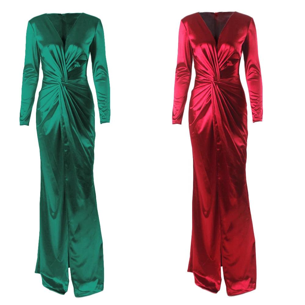 Romagic Knot Ruched V Neck Long Sleeve Cocktail Prom Dresses