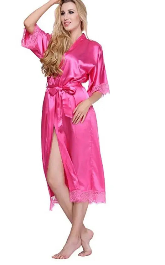 Summer Lace Patchwork Satin Kimono Robe Sexy Sleepwear