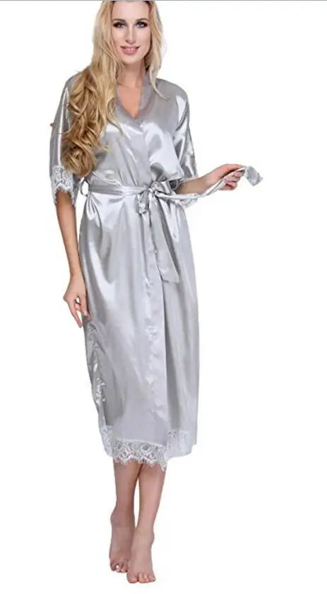 Summer Lace Patchwork Satin Kimono Robe Sexy Sleepwear