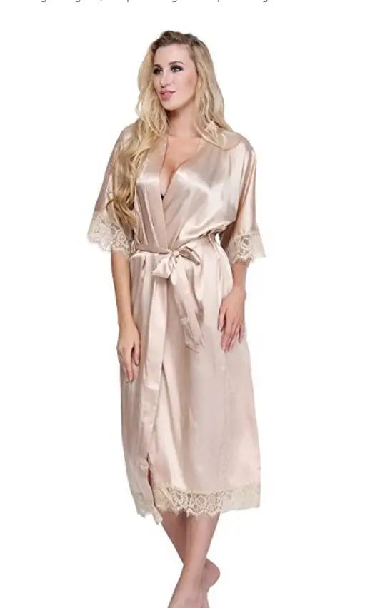 Summer Lace Patchwork Satin Kimono Robe Sexy Sleepwear