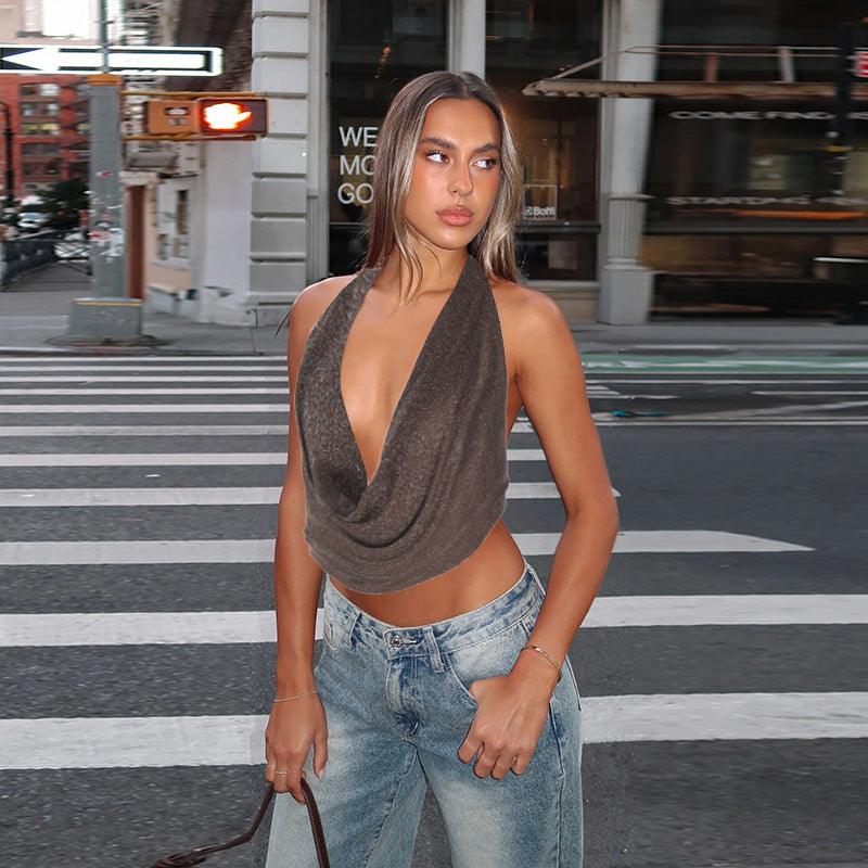 Women's Pure Color Halter Silver Silk Pockets Collar Top