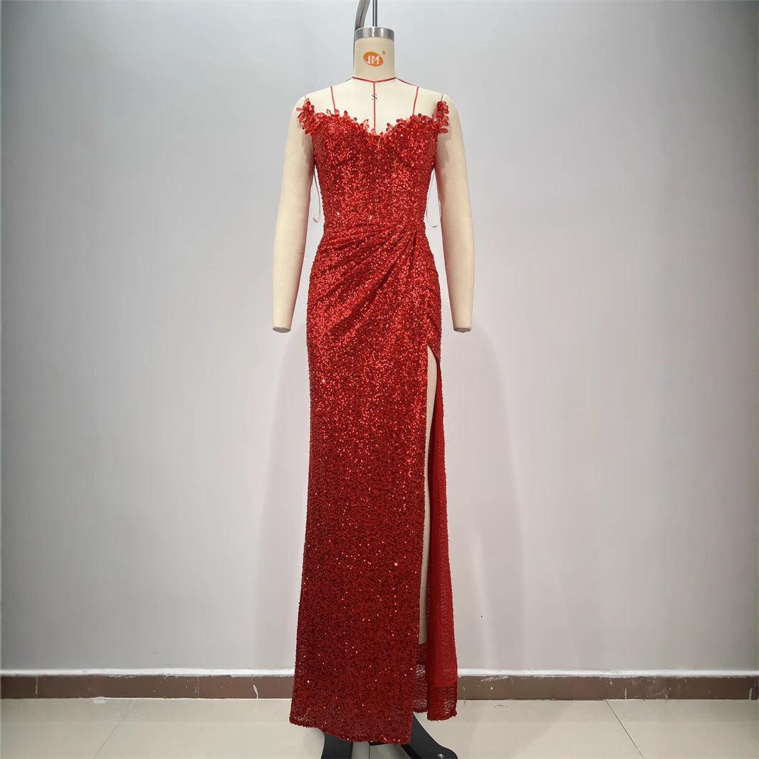 Drop-shaped Diamond Sexy Low-cut High Sitt Red Dress