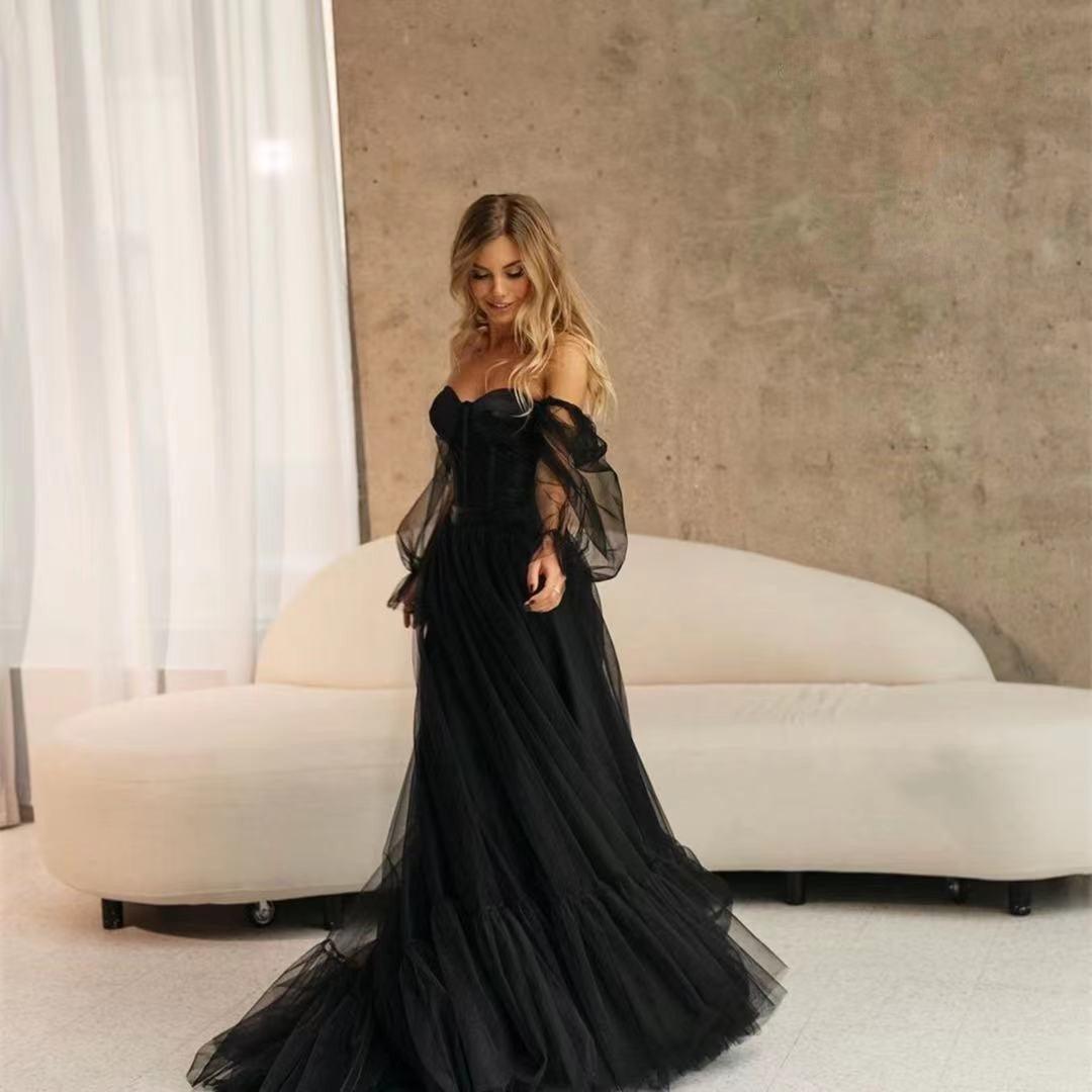 Women's Long Sleeve Transparent Lace Black DRESS