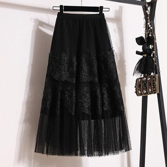 Embroidered Floral Lace Pleated A- Line Cake Dress Midi Skirt