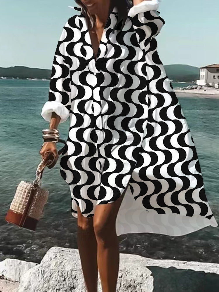 Beach Women's Loose Digital Printing Long-sleeved Lapel Shirt Dress