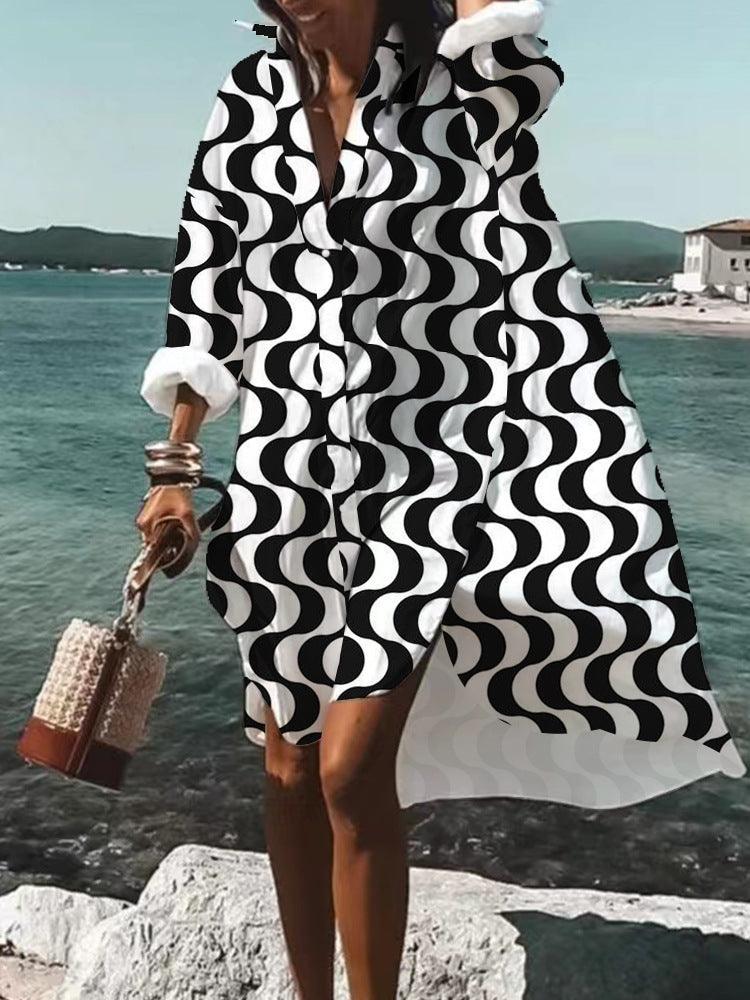 Beach Women's Loose Digital Printing Long-sleeved Lapel Shirt Dress
