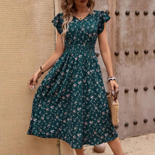 V-neck Belted Ruffle Sleeve Print Dress