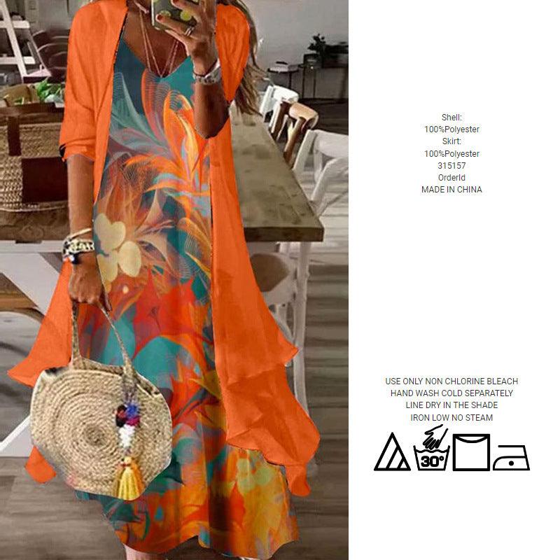Printed V-neck Fluorescent Orange Suspender Dress
