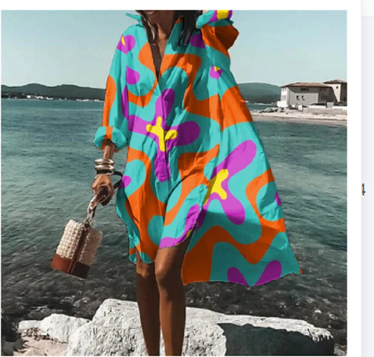 Beach Women's Loose Digital Printing Long-sleeved Lapel Shirt Dress