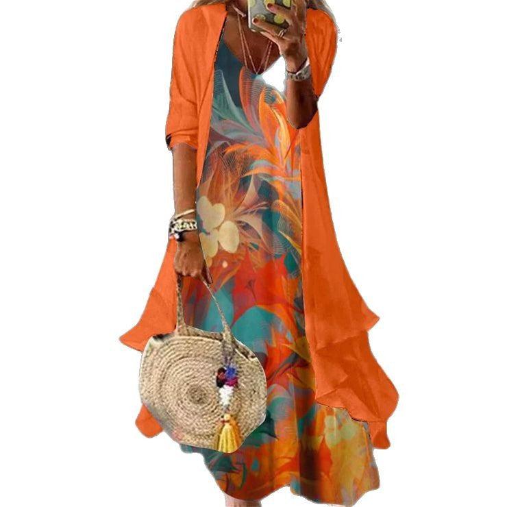 Printed V-neck Fluorescent Orange Suspender Dress