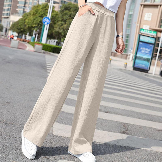 Cotton Linen Wide Leg Pants Women Elastic Waist