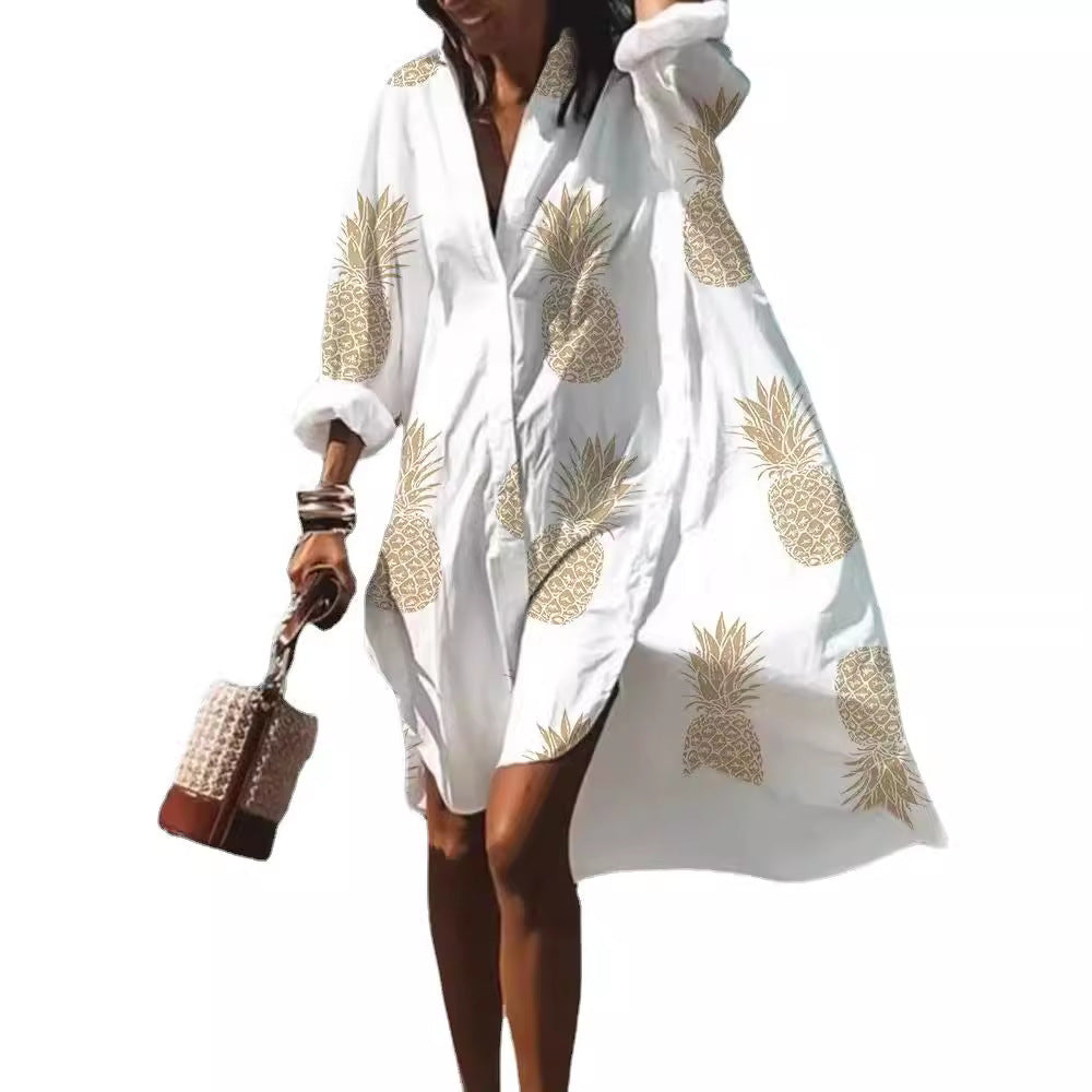 Beach Women's Loose Digital Printing Long-sleeved Lapel Shirt Dress