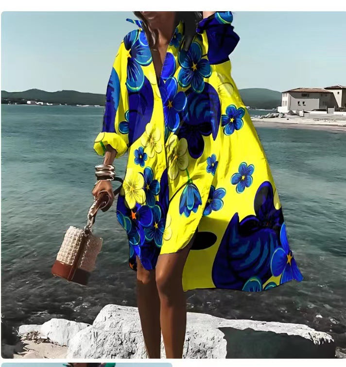Beach Women's Loose Digital Printing Long-sleeved Lapel Shirt Dress