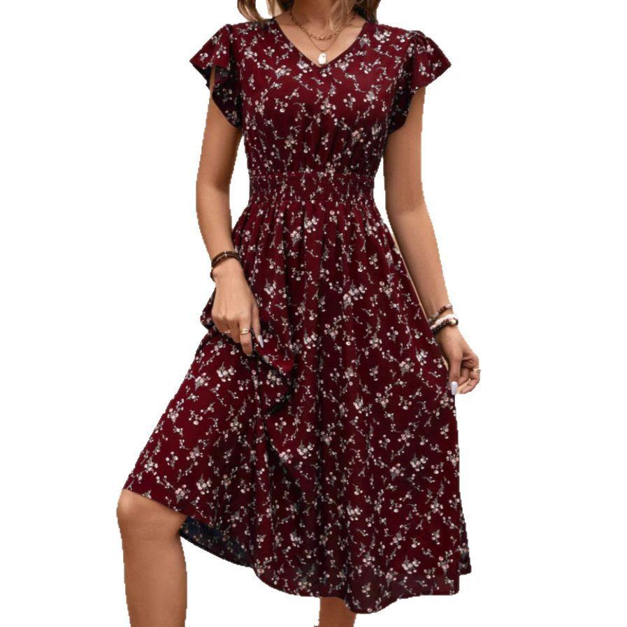 V-neck Belted Ruffle Sleeve Print Dress