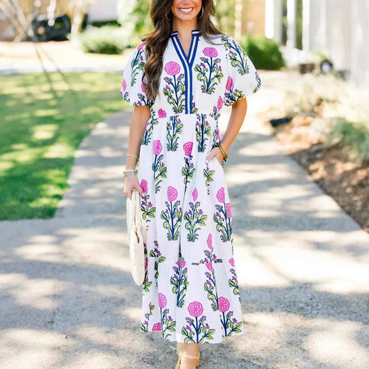 Women's V-neck Flower Print Dress