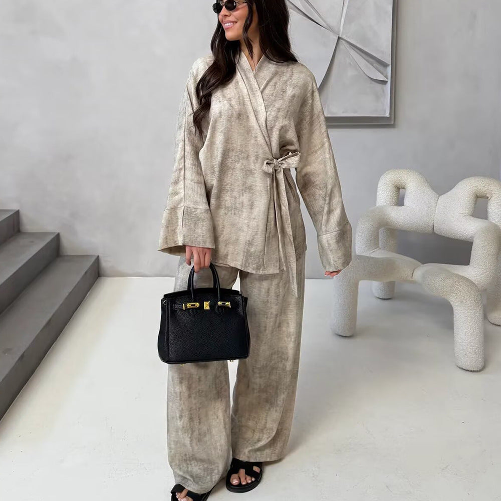 Shirt Embroidery Pants Wide Leg Two-piece Set
