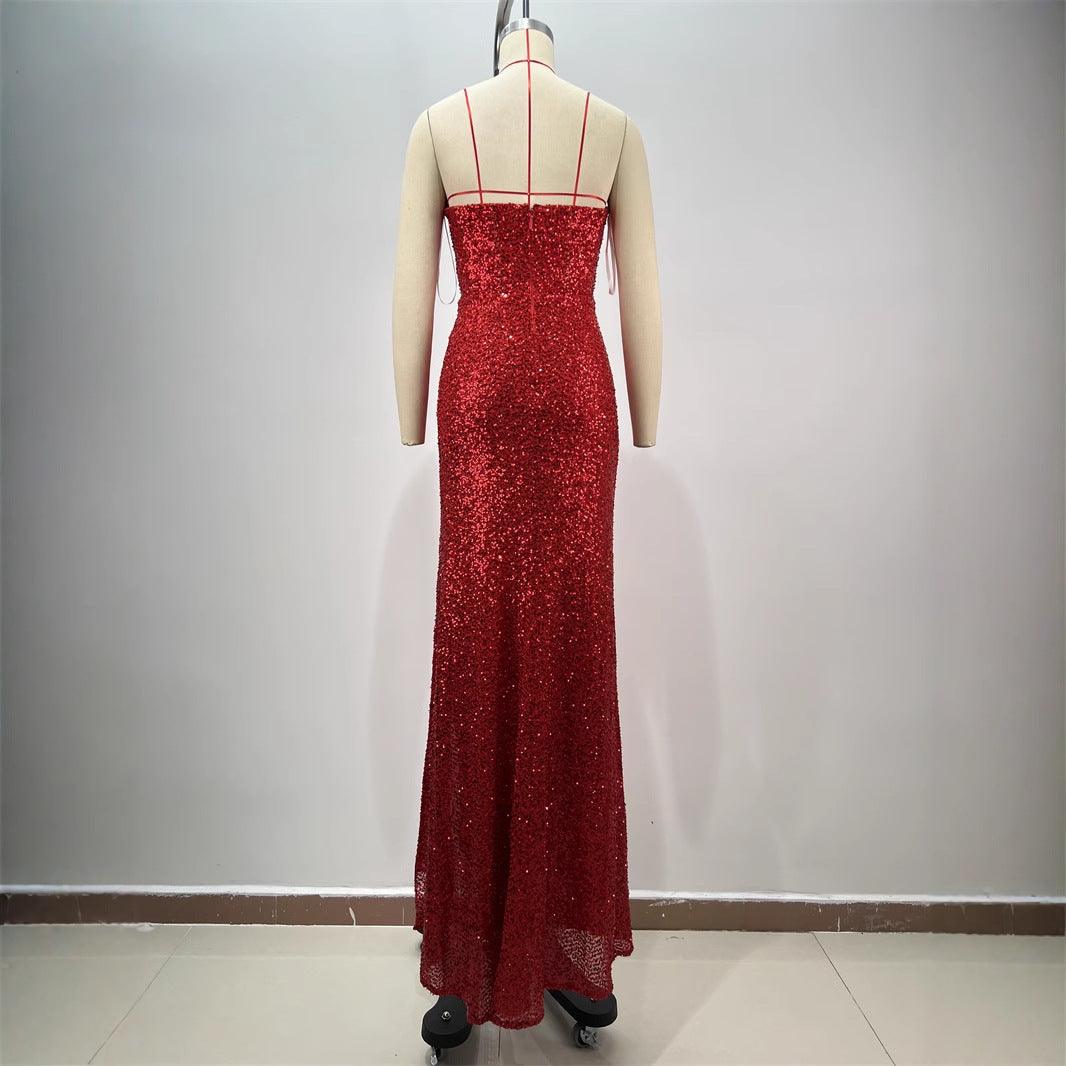 Drop-shaped Diamond Sexy Low-cut High Sitt Red Dress