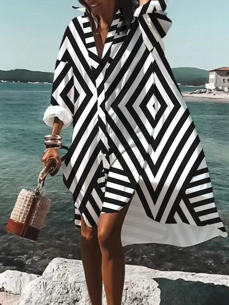 Beach Women's Loose Digital Printing Long-sleeved Lapel Shirt Dress