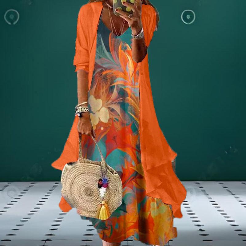 Printed V-neck Fluorescent Orange Suspender Dress