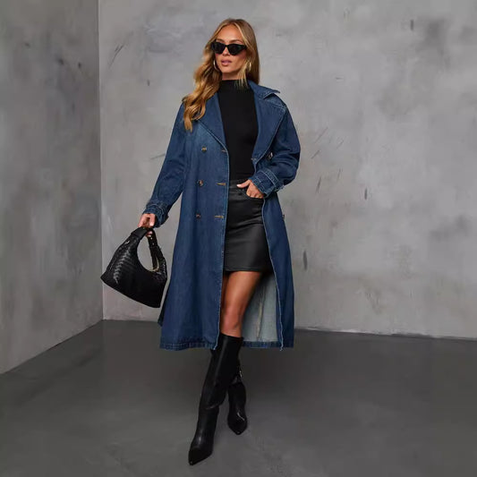 Fashionable Casual Retro Elegant Denim Women's Wide Trench Coat