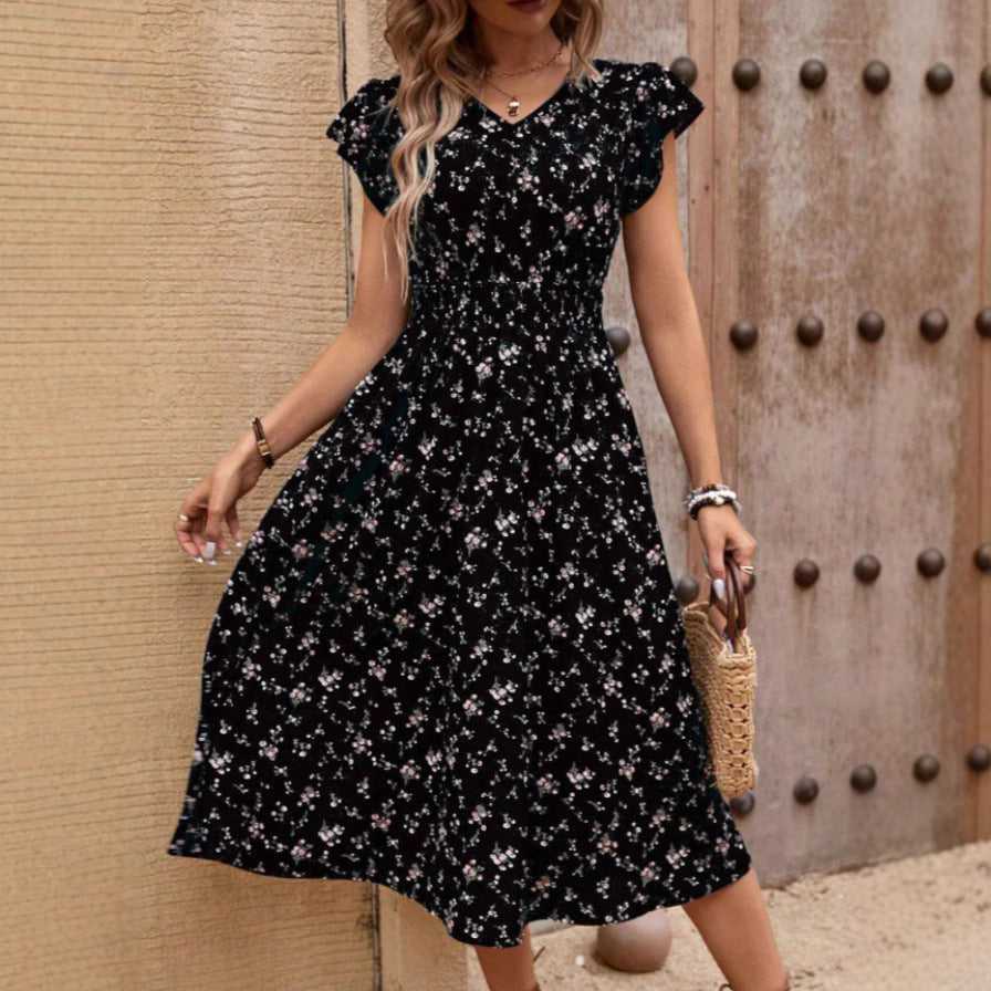 V-neck Belted Ruffle Sleeve Print Dress