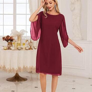 Irregular Sleeve Solid Color Chiffon Mid-length Dress