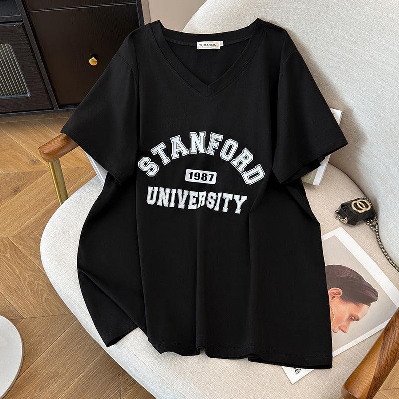 V-neck New Loose Mid-length Short Sleeve