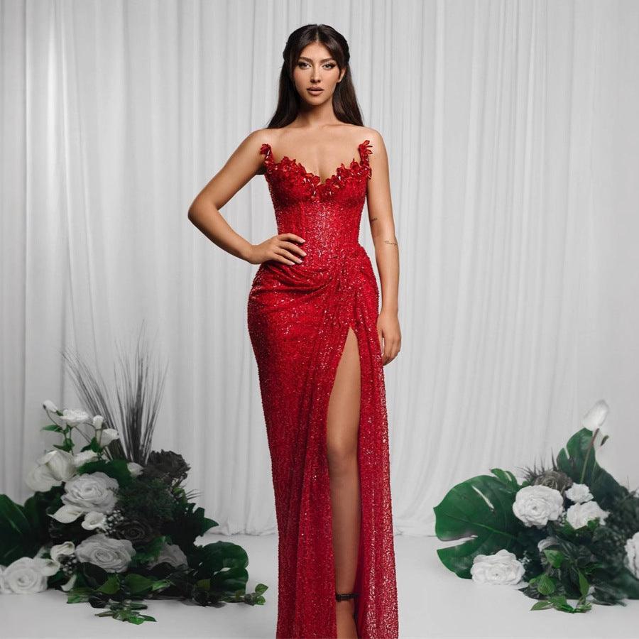 Drop-shaped Diamond Sexy Low-cut High Sitt Red Dress