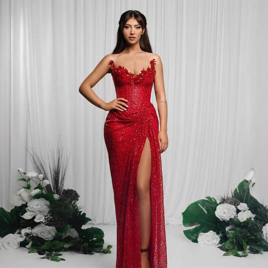 Drop-shaped Diamond Sexy Low-cut High Sitt Red  Dress