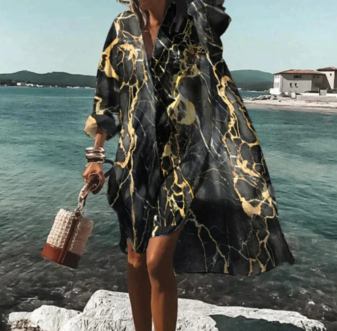 Beach Women's Loose Digital Printing Long-sleeved Lapel Shirt Dress