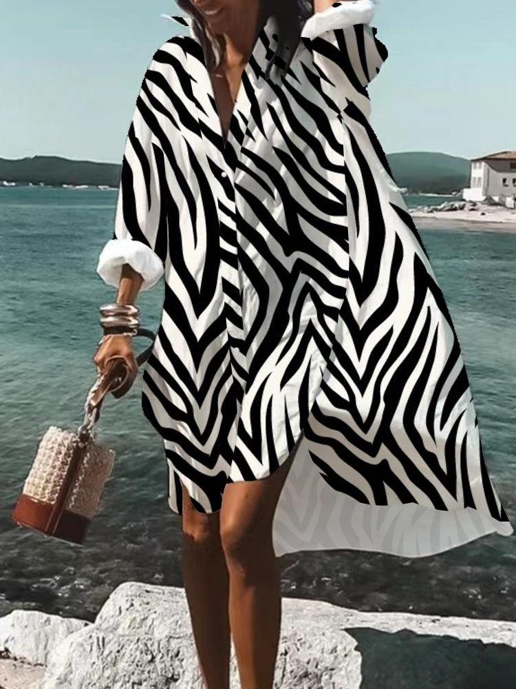 Beach Women's Loose Digital Printing Long-sleeved Lapel Shirt Dress