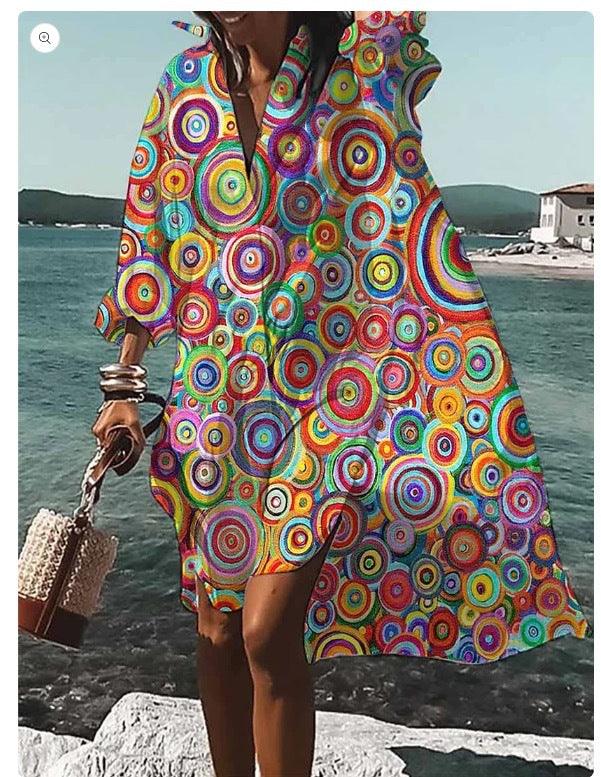 Beach Women's Loose Digital Printing Long-sleeved Lapel Shirt Dress