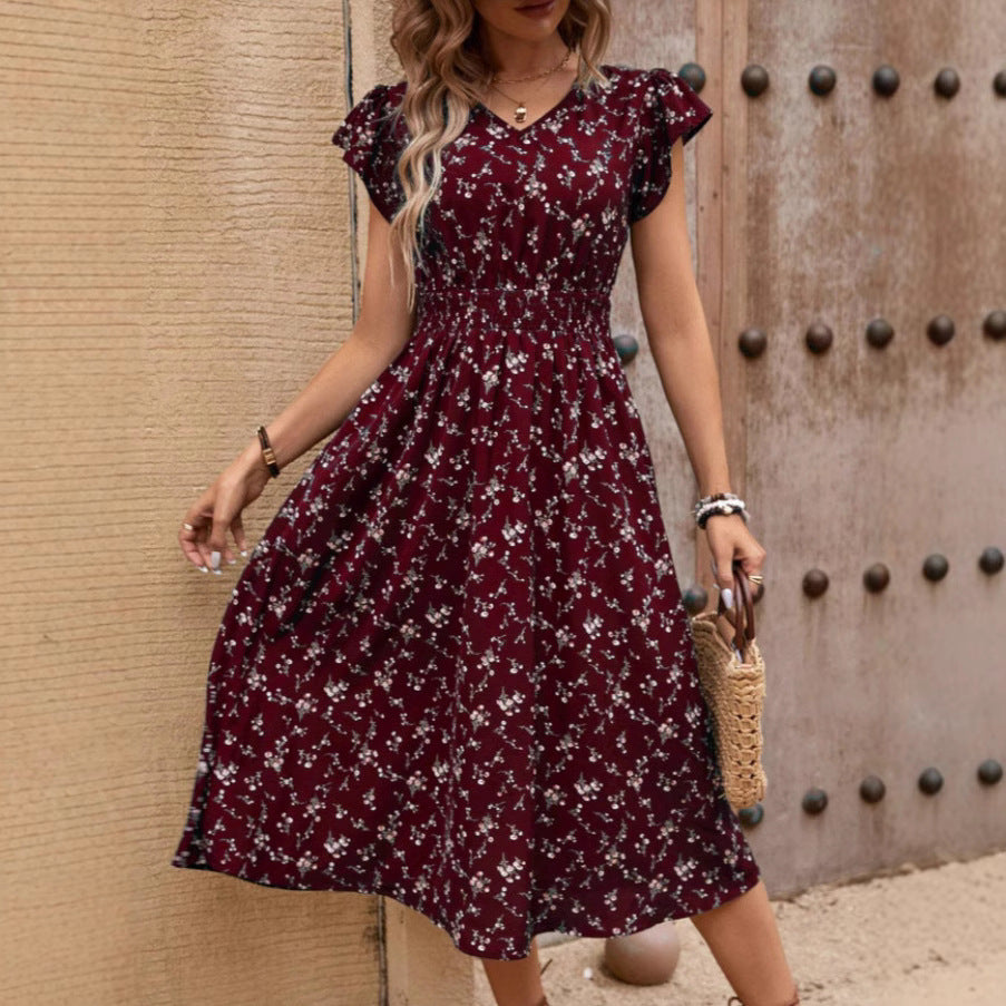 V-neck Belted Ruffle Sleeve Print Dress