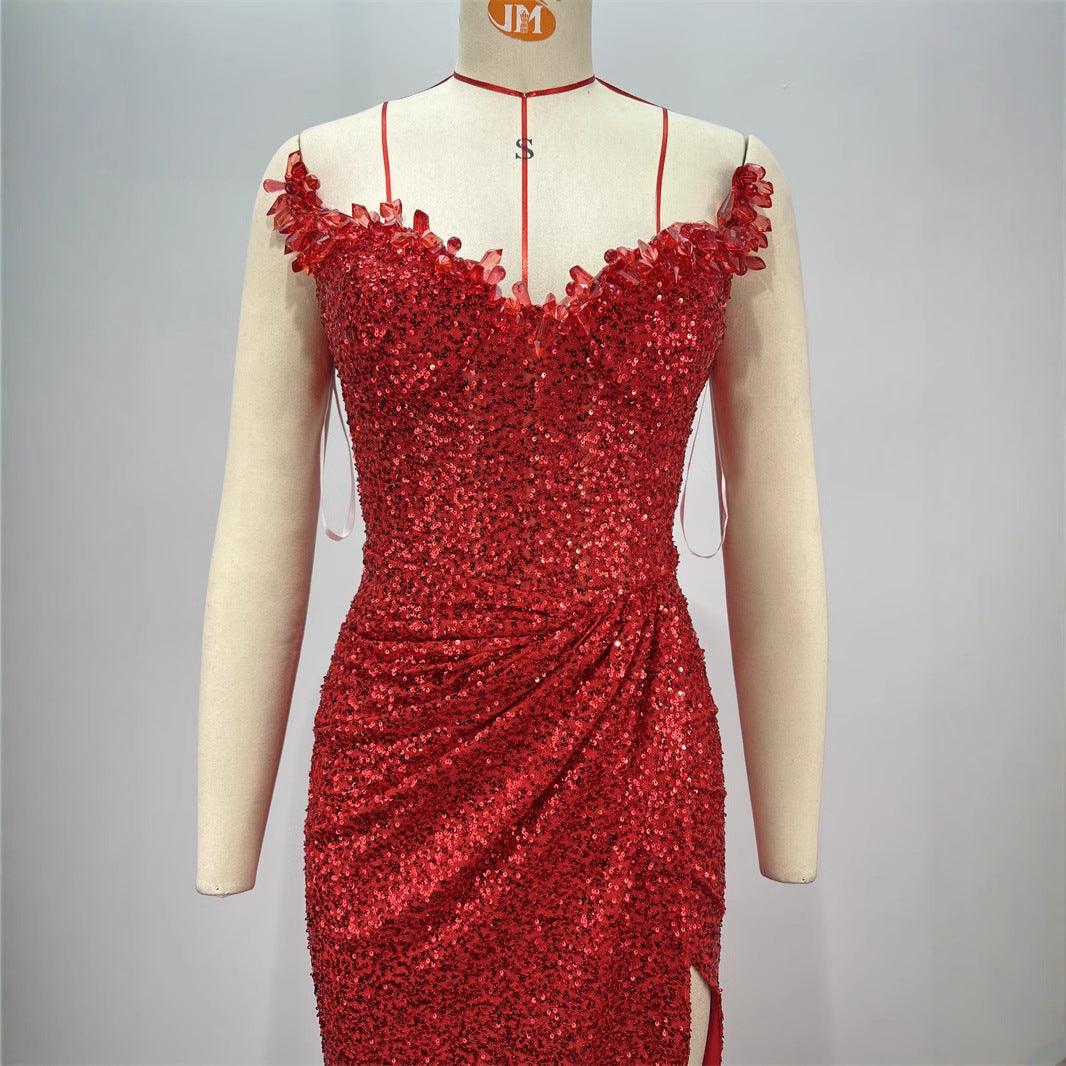 Drop-shaped Diamond Sexy Low-cut High Sitt Red Dress