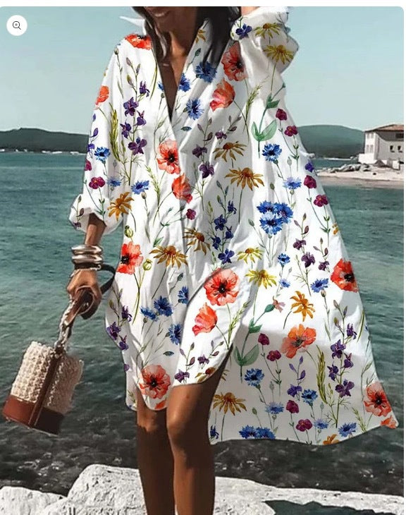 Beach Women's Loose Digital Printing Long-sleeved Lapel Shirt Dress