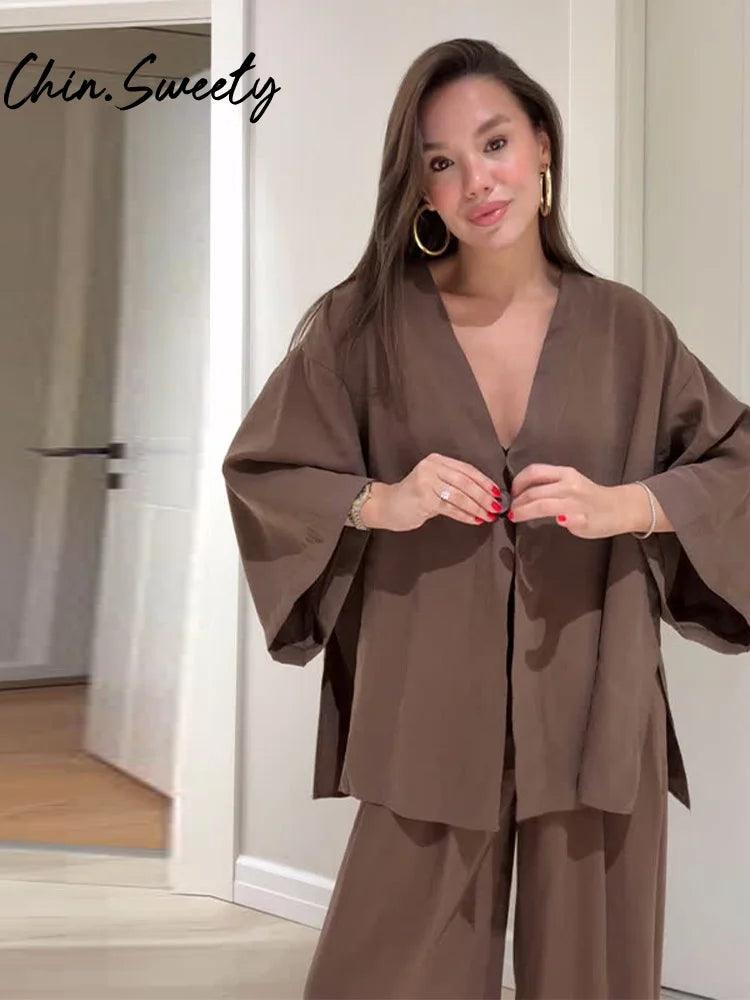 Vintage Cotton Linen Pants Sets Women Elegant Lace UpV-neck